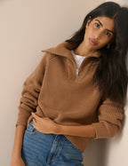 Brown Ribbed Half Zip Jumper