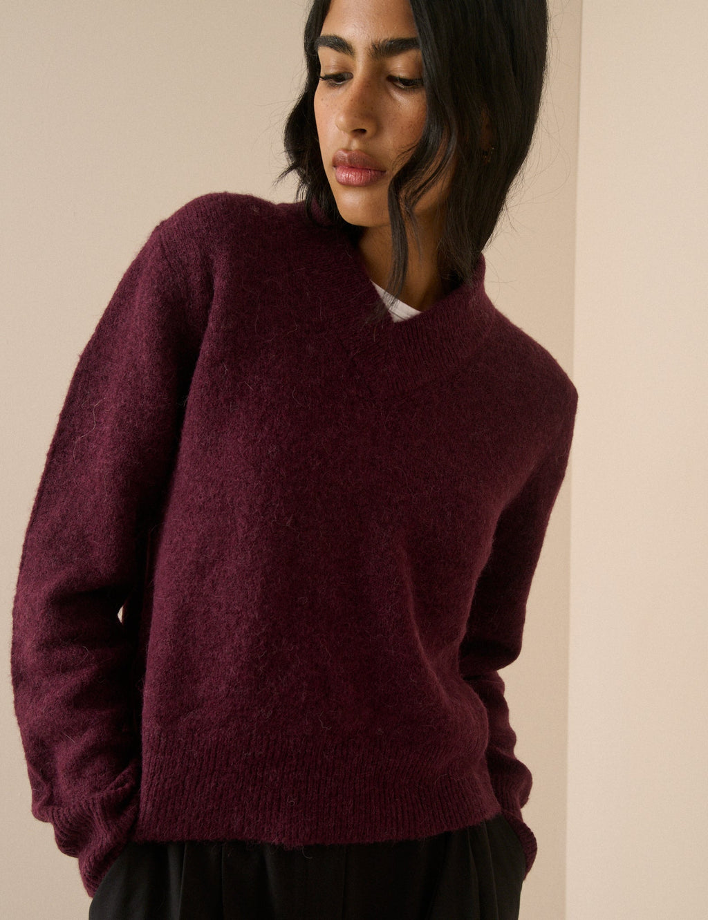 Burgundy V-Neck Ribbed Trim Jumper