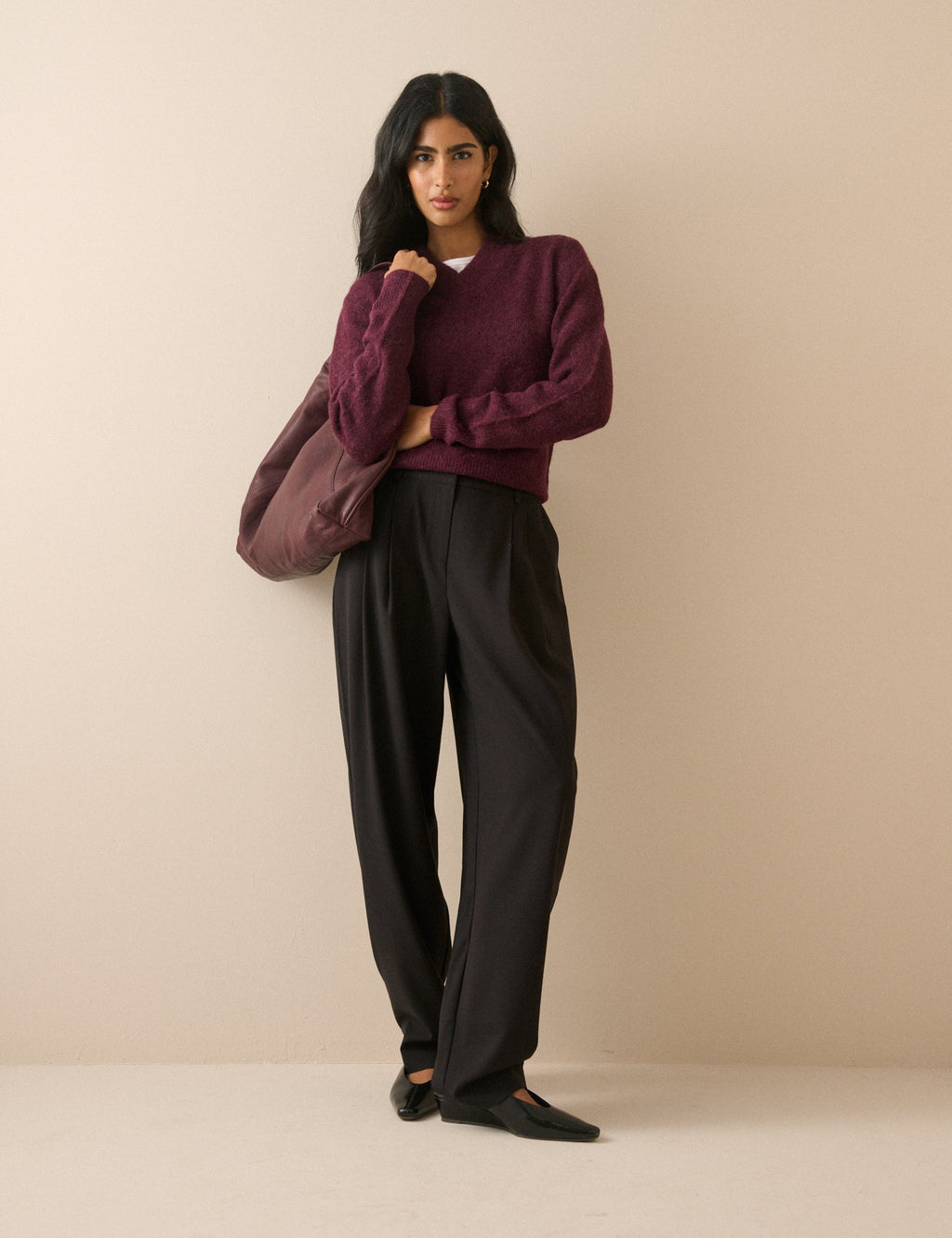Burgundy V-Neck Ribbed Trim Jumper