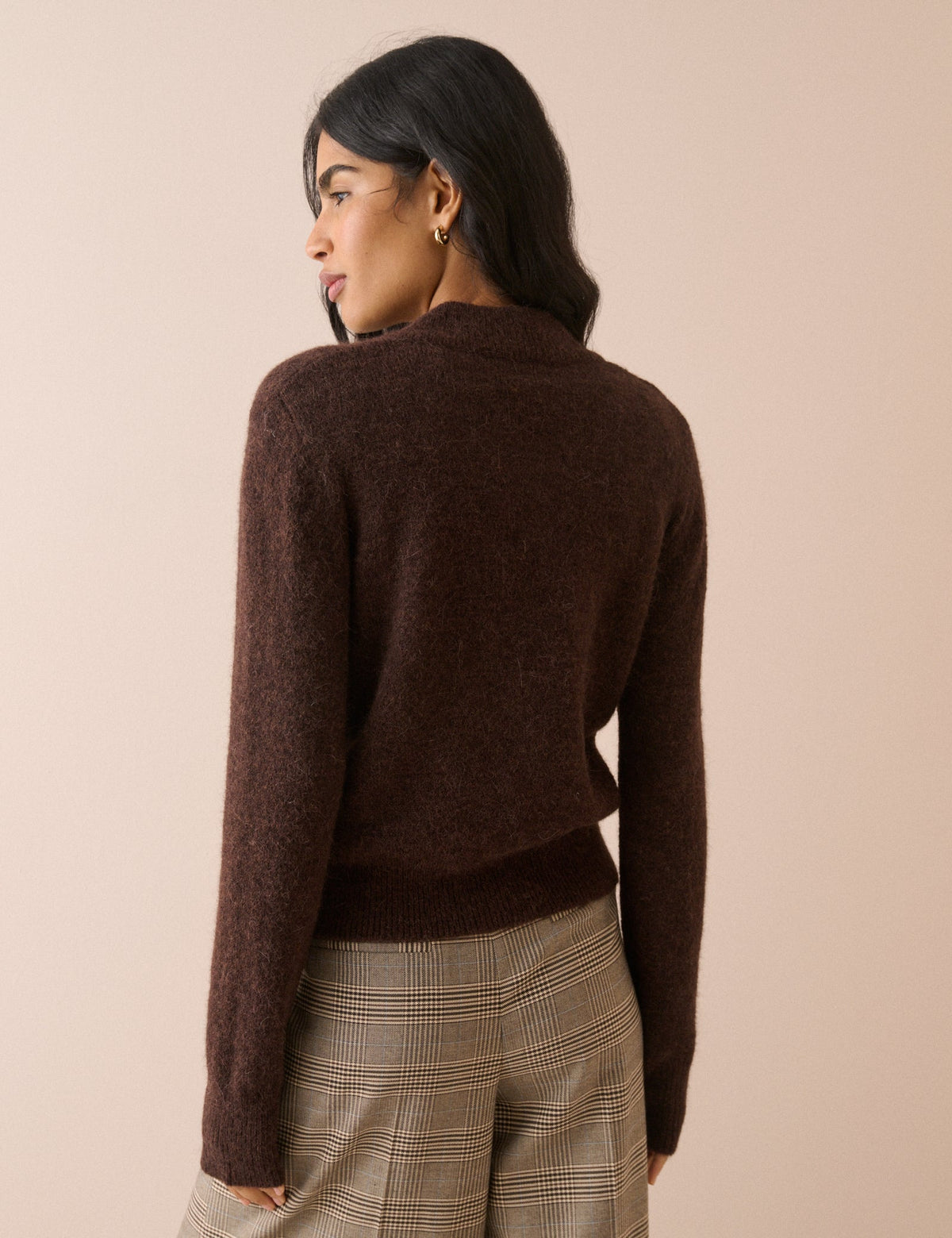 Brown V-Neck Ribbed Trim Jumper