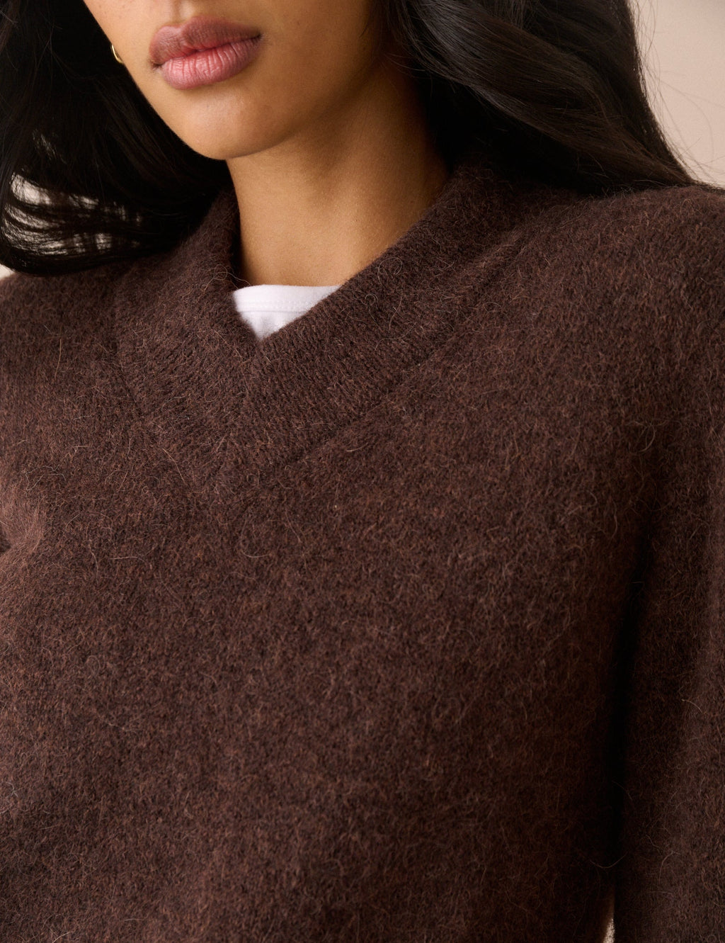 Brown V-Neck Ribbed Trim Jumper
