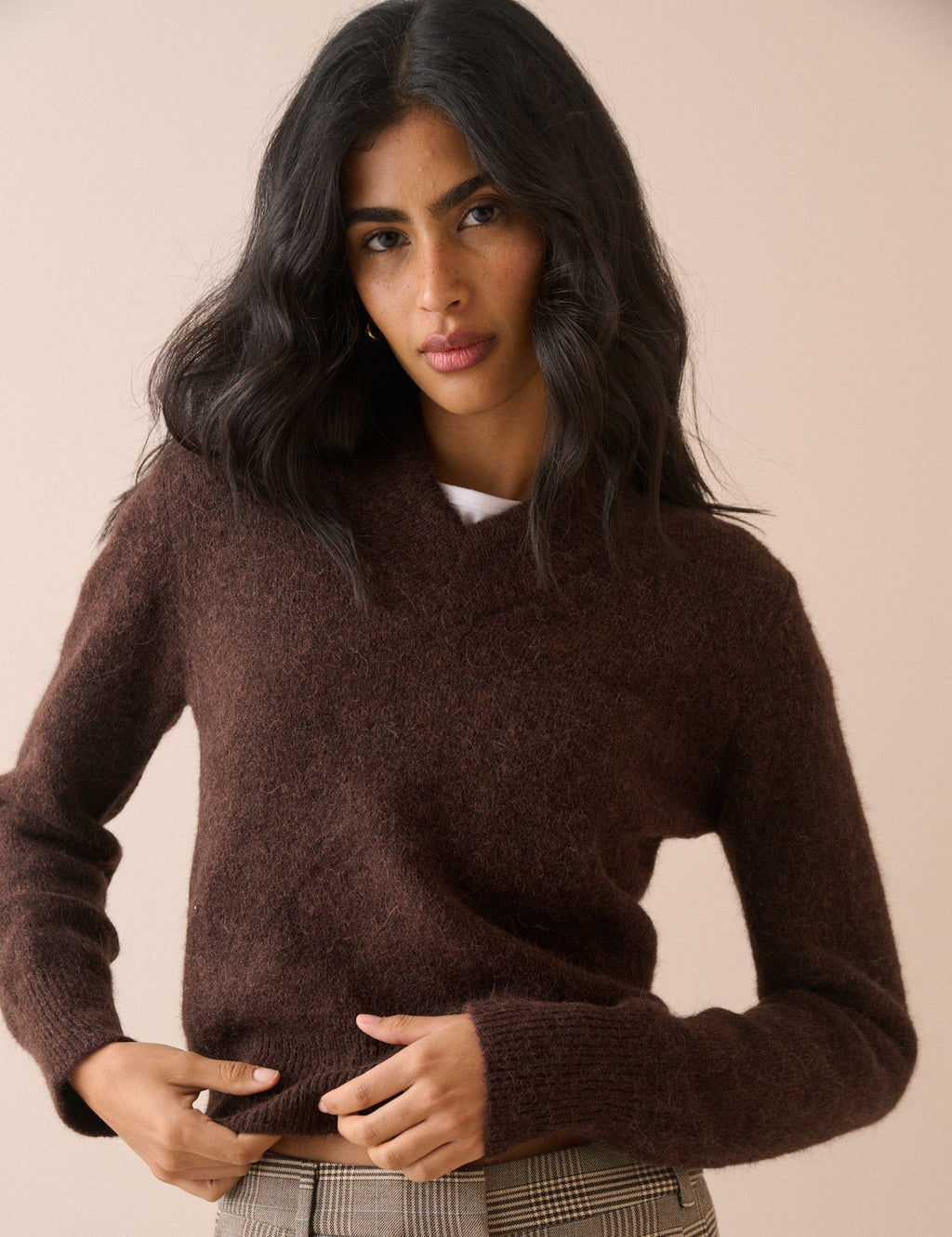 Brown V-Neck Ribbed Trim Jumper