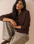 Brown V-Neck Ribbed Trim Jumper