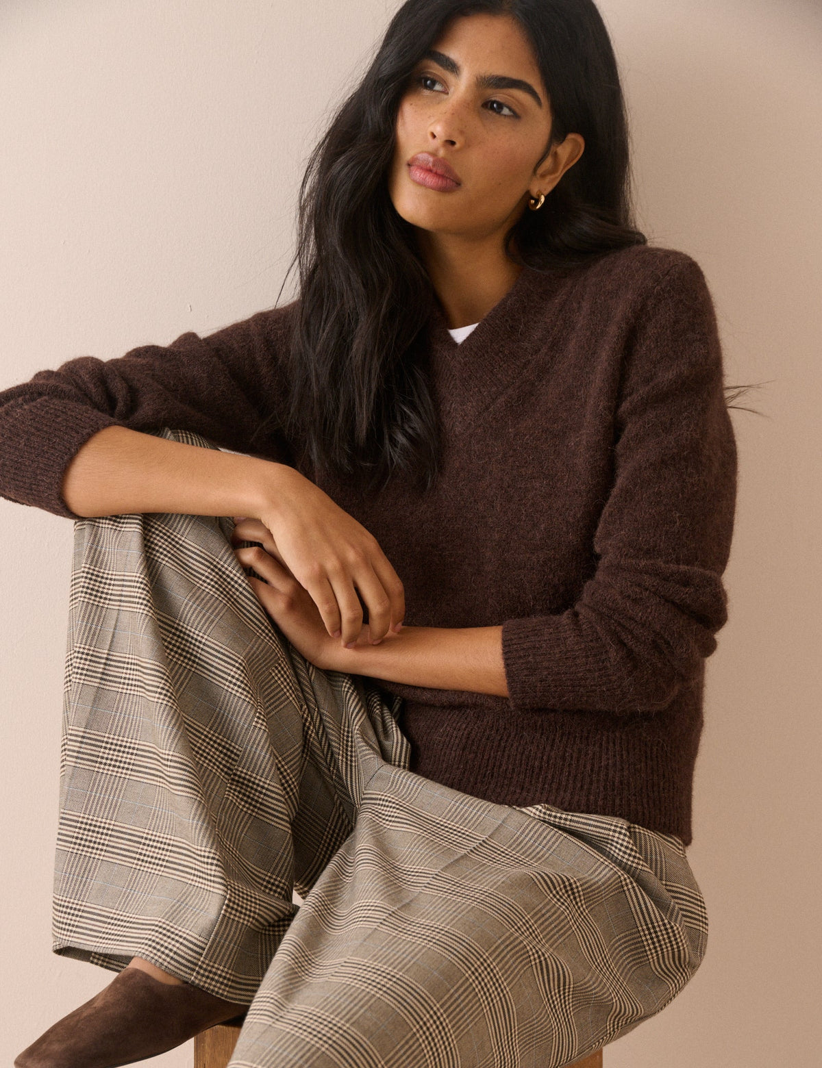 Brown V-Neck Ribbed Trim Jumper