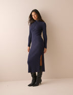 Navy Ribbed Knitted Midi Dress