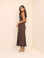 Brown Jacquard Floral Cowl Neck Satin Midi Dress