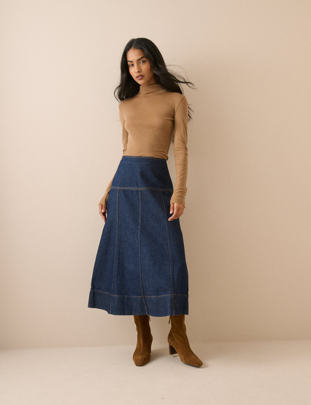 Dark Blue A-Line Denim Midi Skirt
