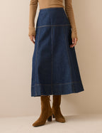 Dark Blue A-Line Denim Midi Skirt