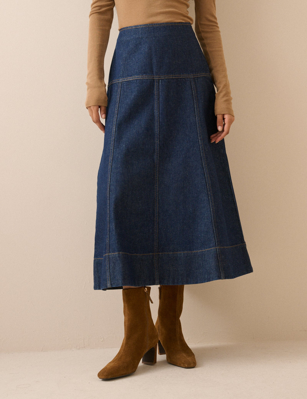 Dark Blue A-Line Denim Midi Skirt