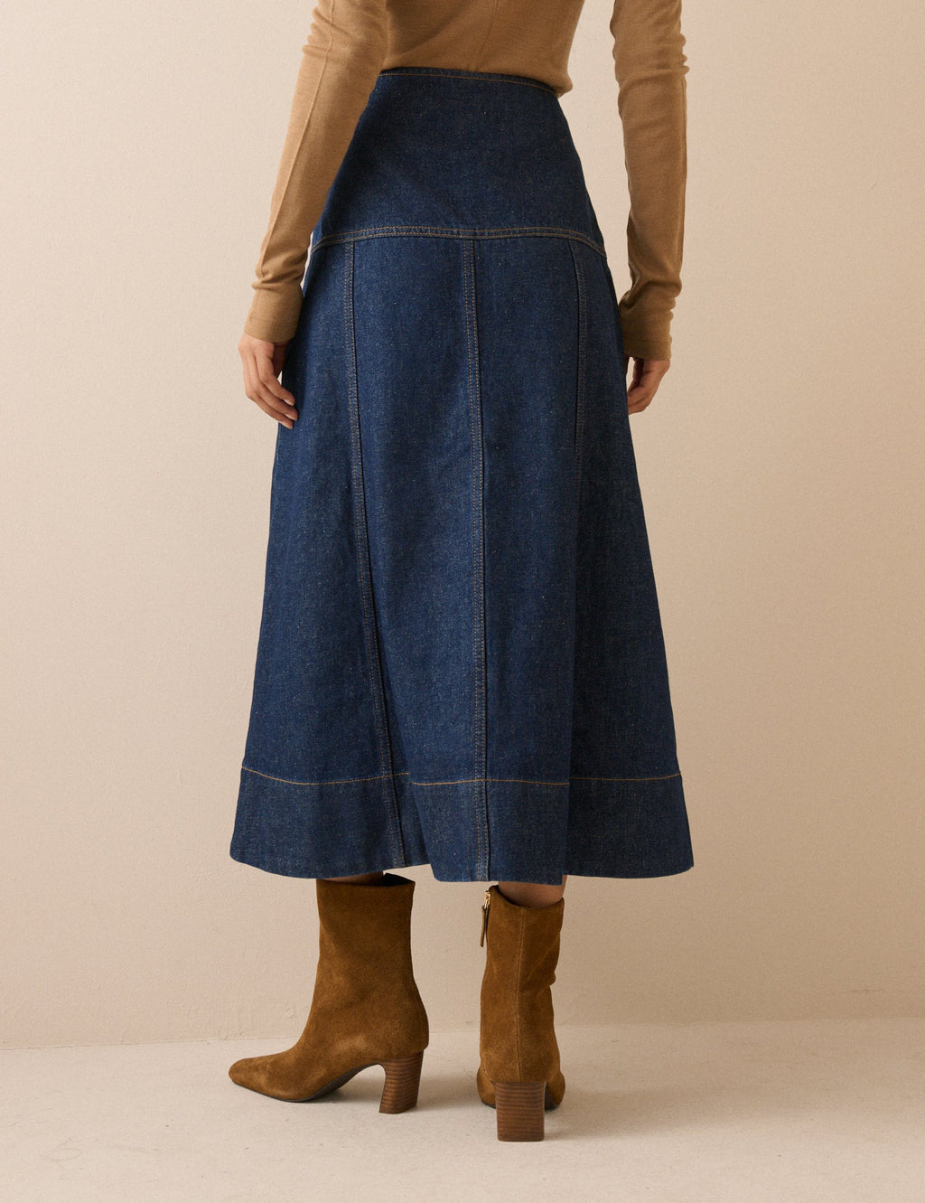 Dark Blue A-Line Denim Midi Skirt