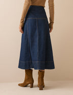 Dark Blue A-Line Denim Midi Skirt