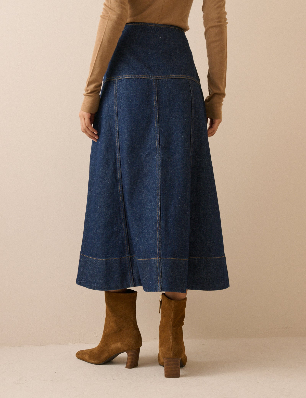 Dark Blue A-Line Denim Midi Skirt