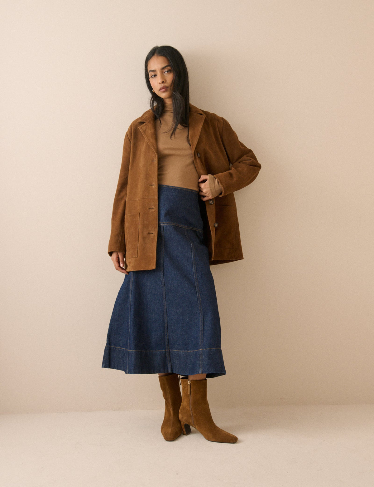 Dark Blue A-Line Denim Midi Skirt