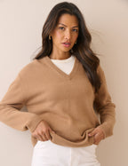 Camel V-Neck Wool Jumper