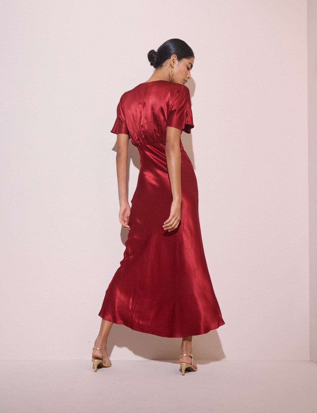 Red V-Neck Satin Grace Midi Dress