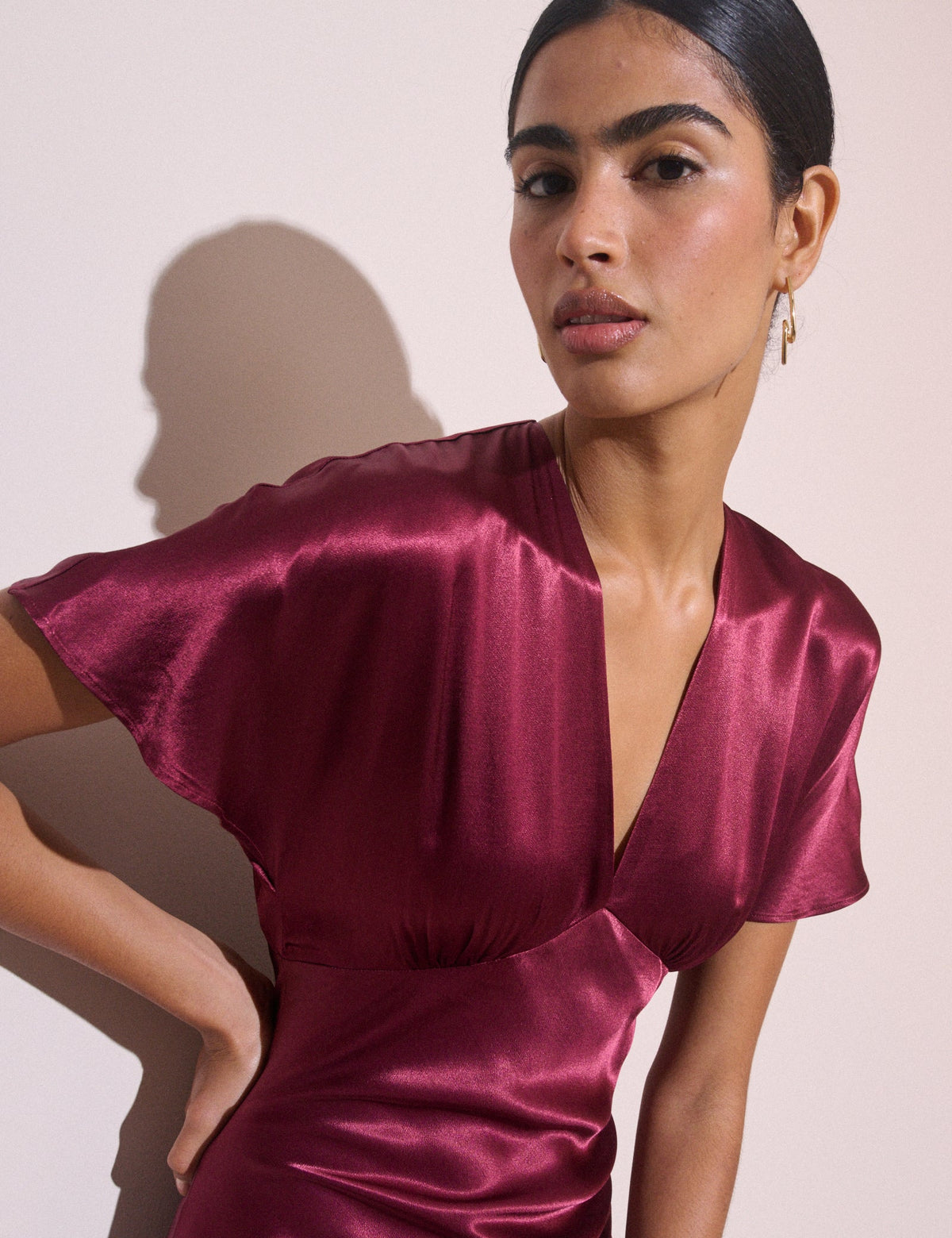 Burgundy V-Neck Satin Grace Midi Dress