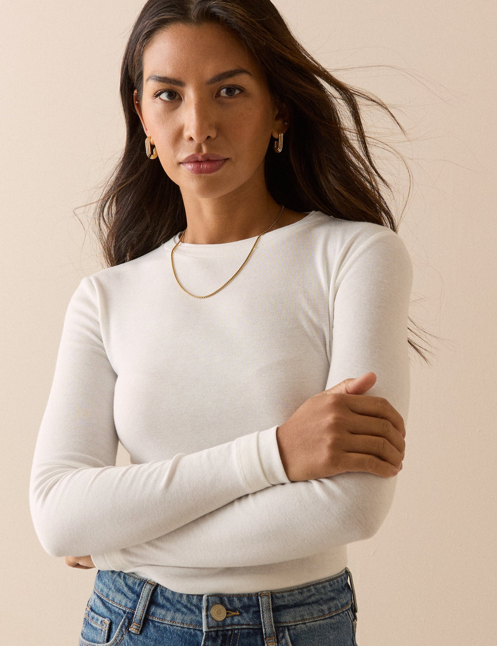 White Double Layer Trim Long Sleeve Top