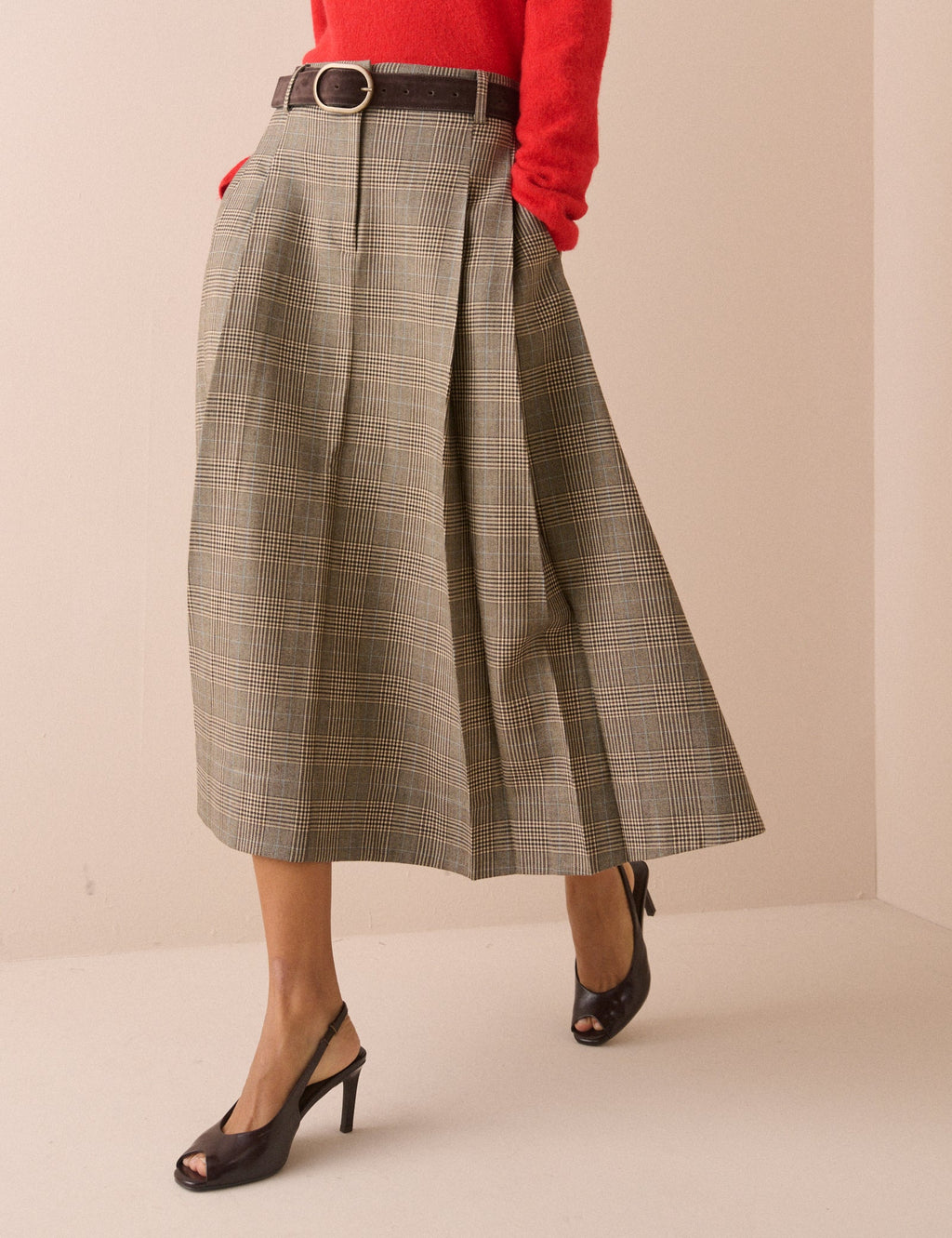 Grey Heritage Check Pleated Midi Skirt