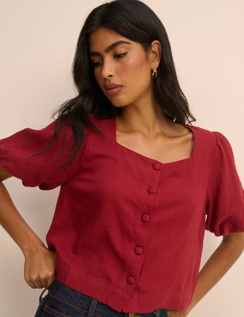 Red Linen-Rich Puff Sleeve Sammie Top
