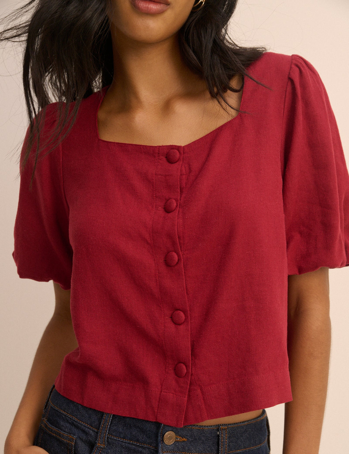Red Linen-Rich Puff Sleeve Sammie Top