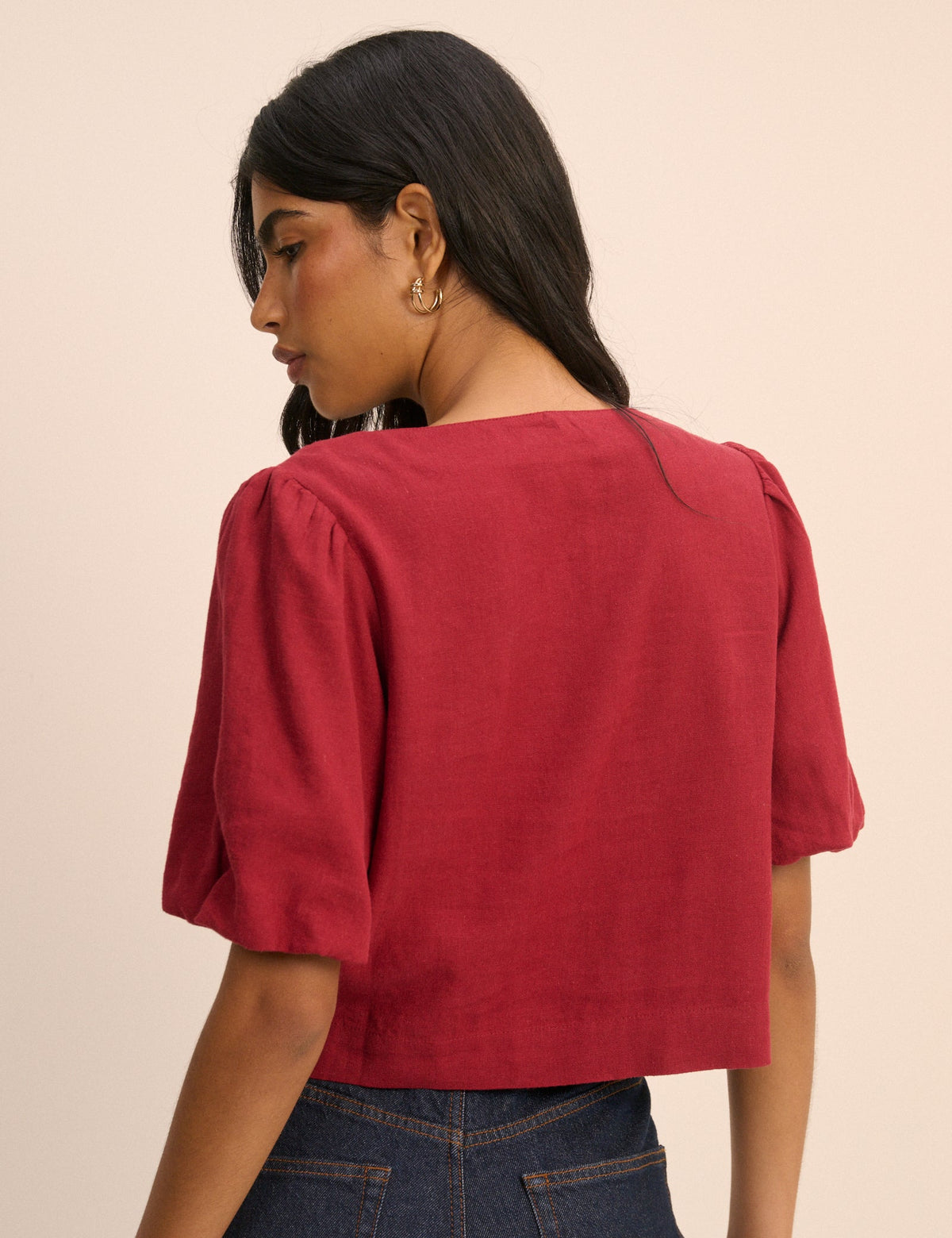 Red Linen-Rich Puff Sleeve Sammie Top