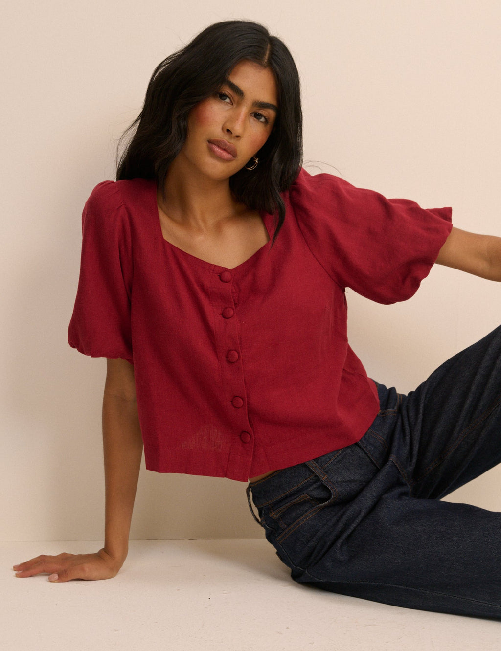 Red Linen-Rich Puff Sleeve Sammie Top