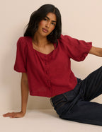 Red Linen-Rich Puff Sleeve Sammie Top