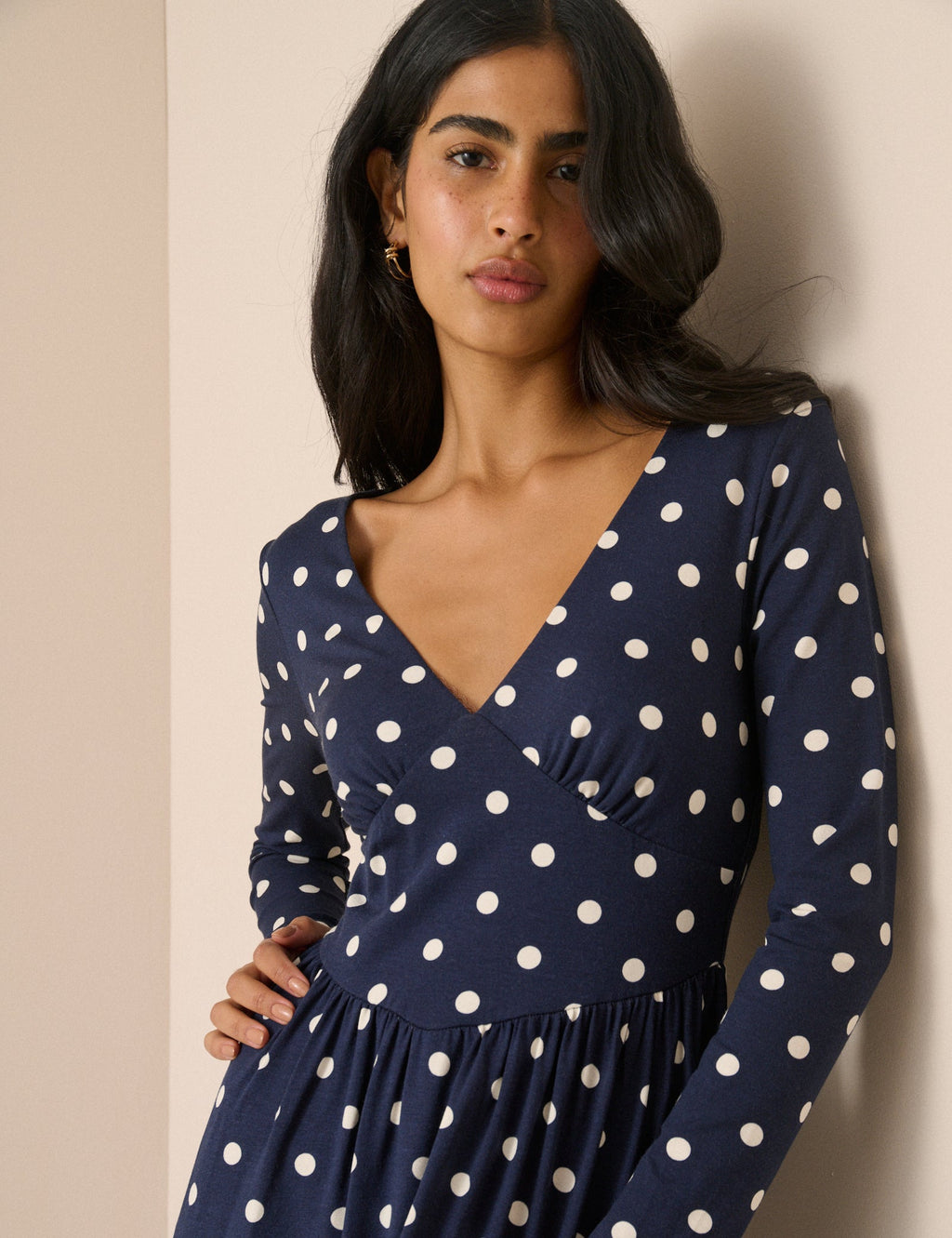 Navy Polka Dot Jersey Addison Midi Dress