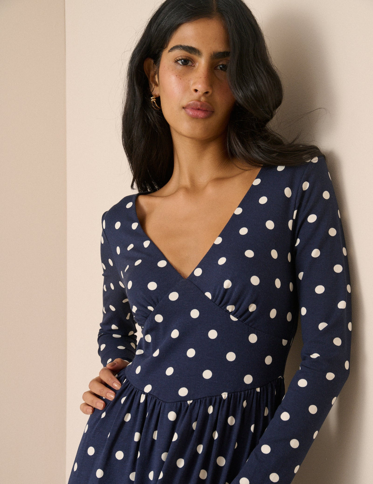 Navy Polka Dot Jersey Addison Midi Dress