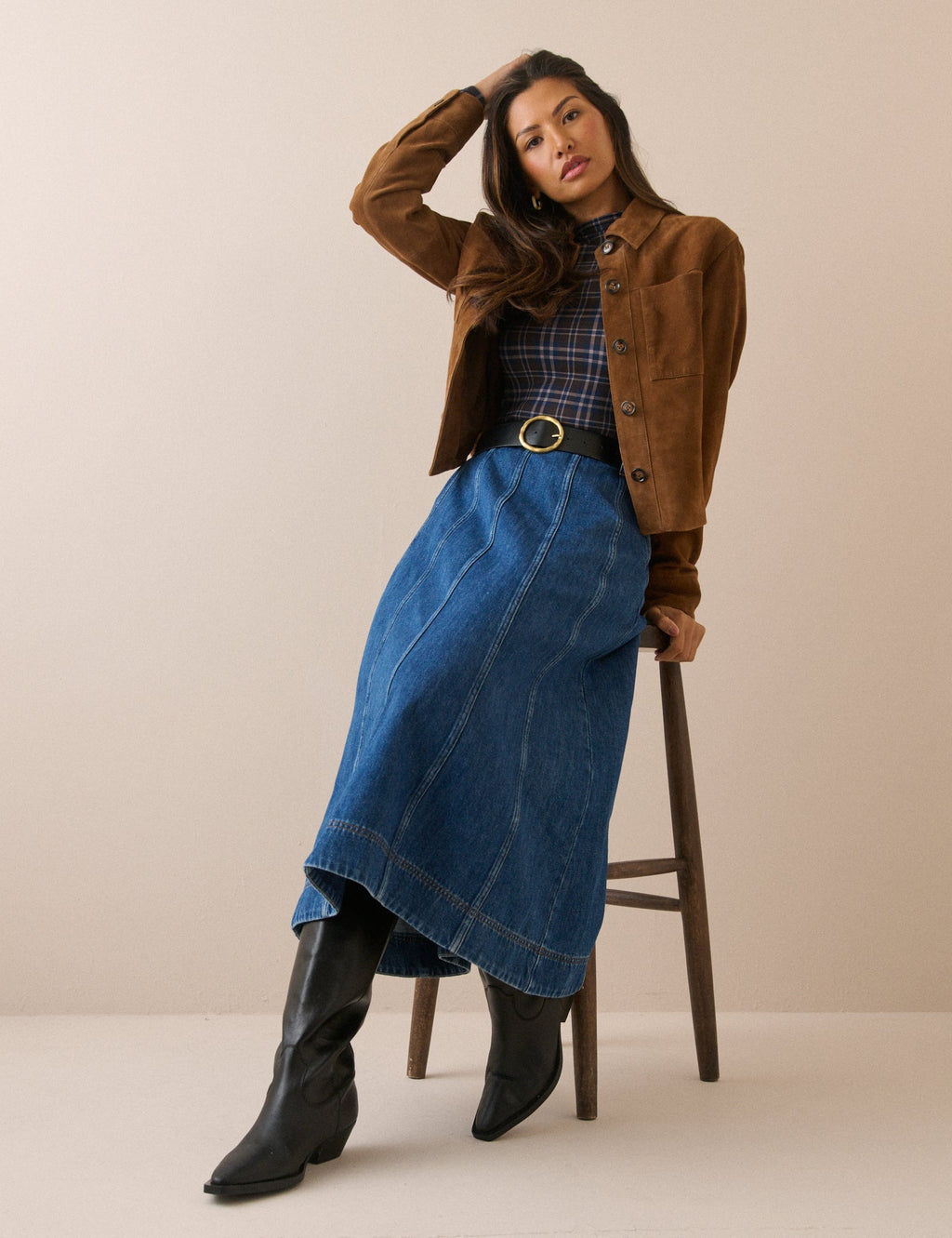 Mid Wash Panelled Denim Midi Skirt