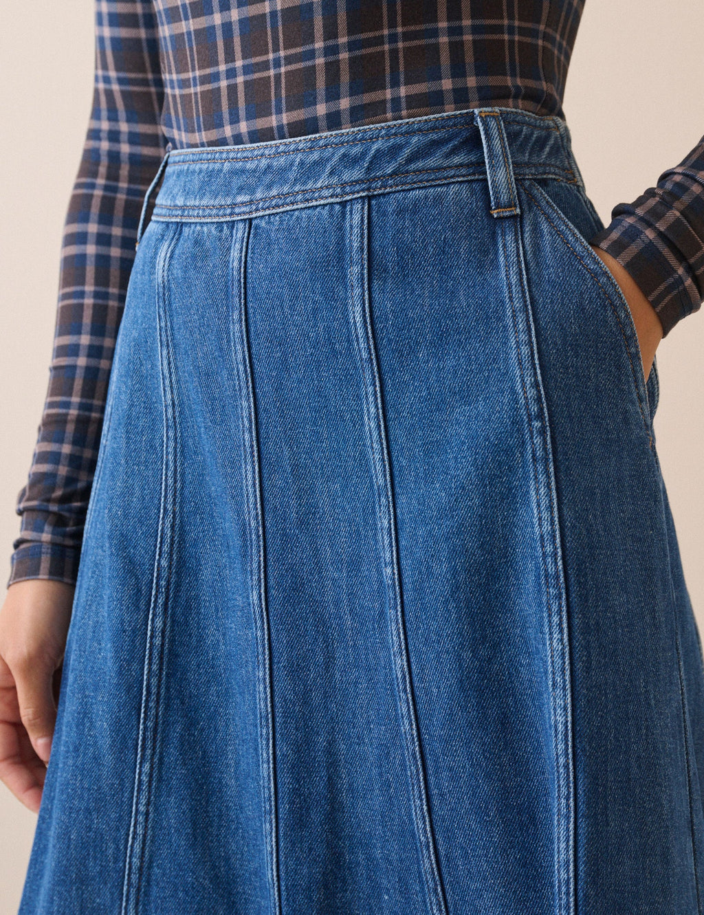 Mid Wash Panelled Denim Midi Skirt