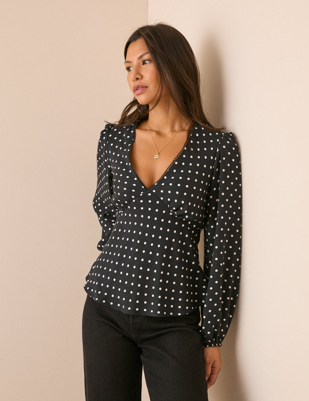 Black Polka Dot Blouson Sleeve Top