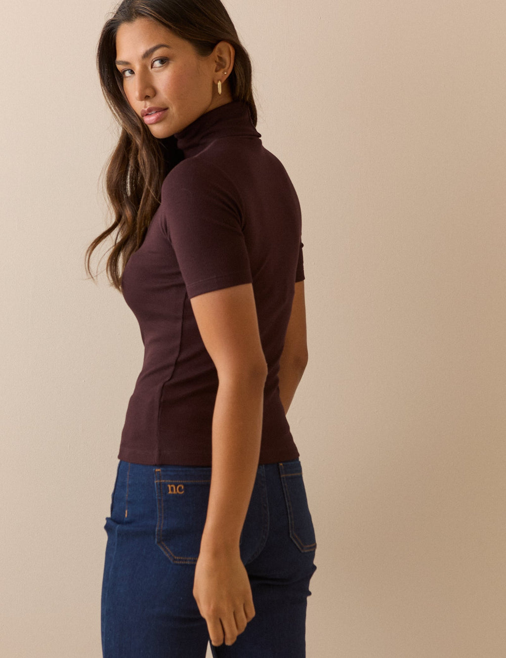 Plum Ribbed Roll-Neck Jersey Top