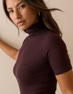 Plum Ribbed Roll-Neck Jersey Top
