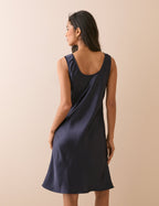 Navy Scoop Neck Satin Knee Length Mini Dress