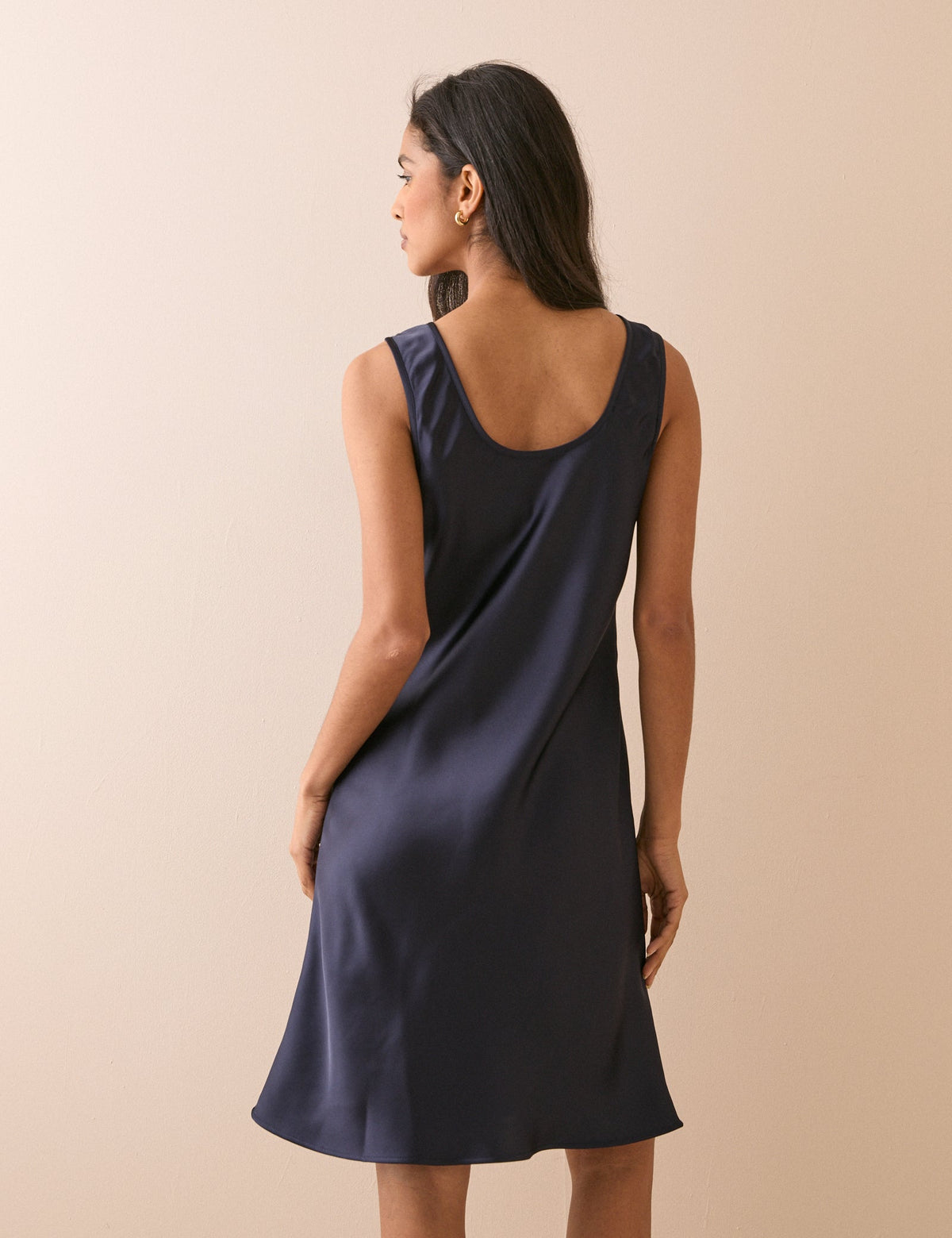 Navy Scoop Neck Satin Knee Length Mini Dress