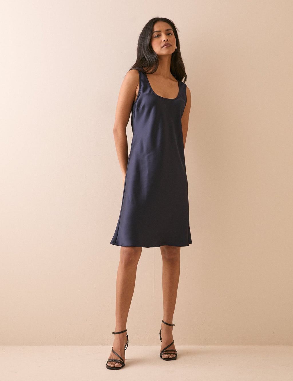 Navy Scoop Neck Satin Knee Length Mini Dress