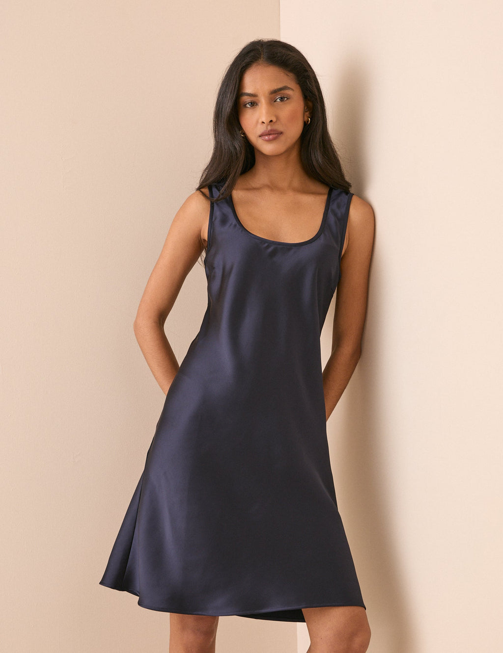 Navy Scoop Neck Satin Knee Length Mini Dress