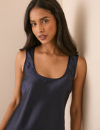 Navy Scoop Neck Satin Knee Length Mini Dress