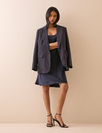 Navy Scoop Neck Satin Knee Length Mini Dress