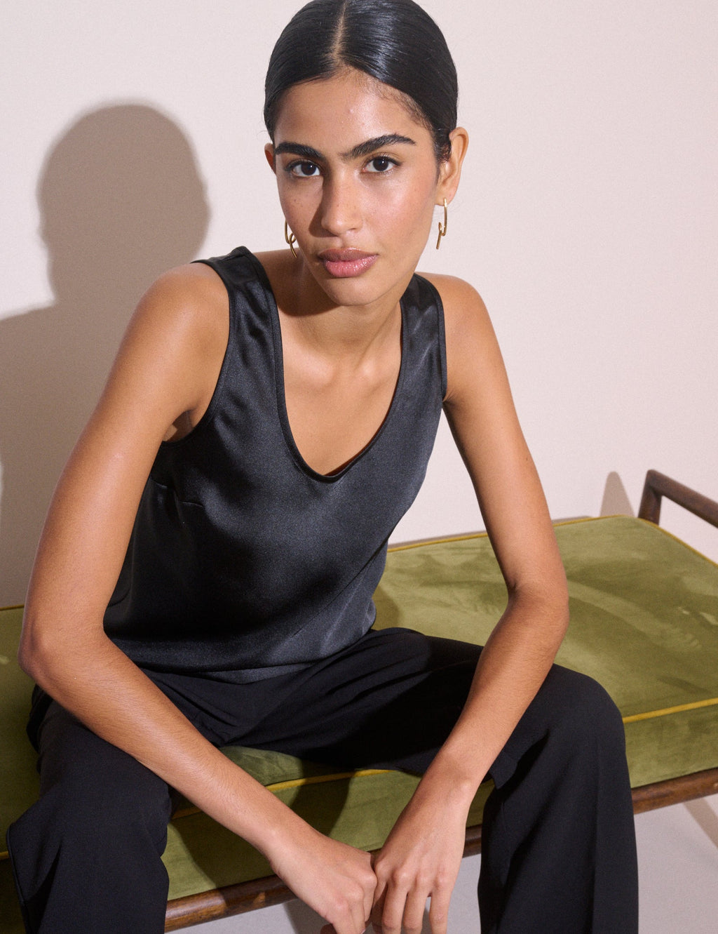Black Satin Scoop Neck Tank Top