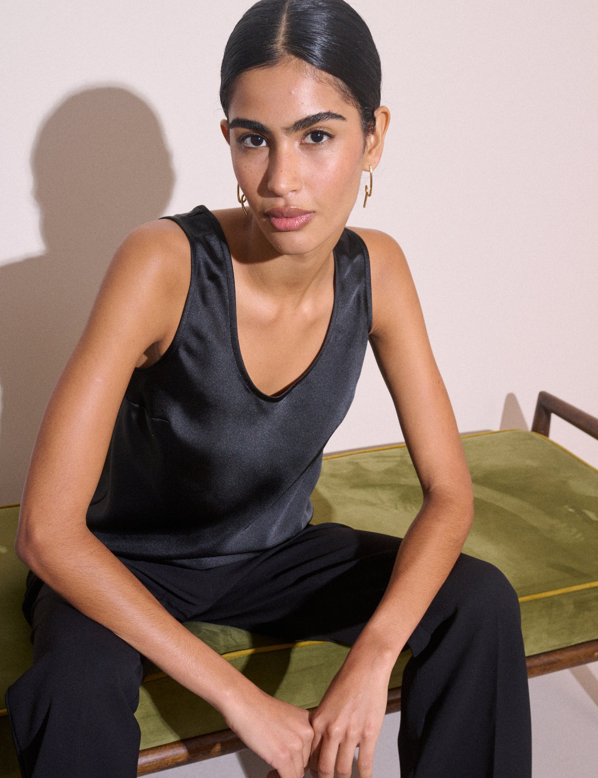 Black Satin Scoop Neck Tank Top