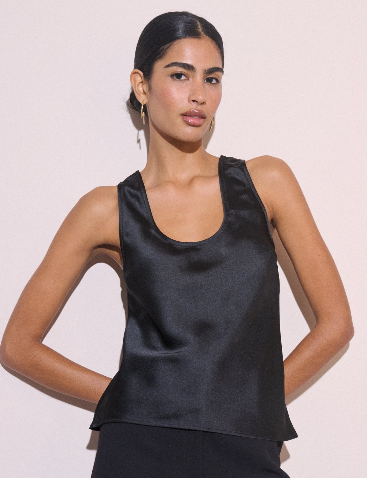 Black Satin Scoop Neck Tank Top