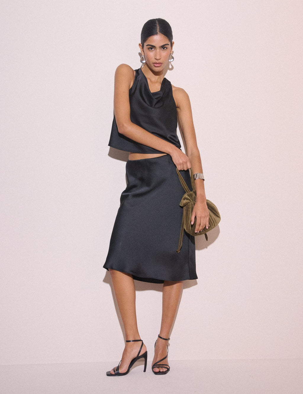 Black Knee Length Satin Midi Skirt