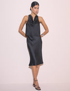 Black Knee Length Satin Midi Skirt