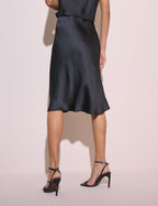Black Knee Length Satin Midi Skirt