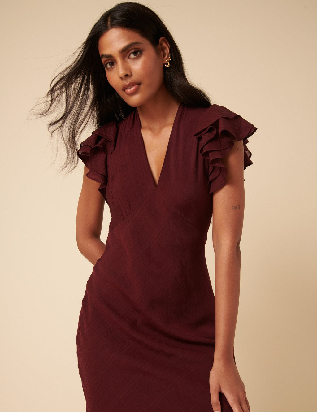 Burgundy Frill Sleeve Layla Midi Dress