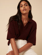 Burgundy Open Collar Polo Knitted T-Shirt