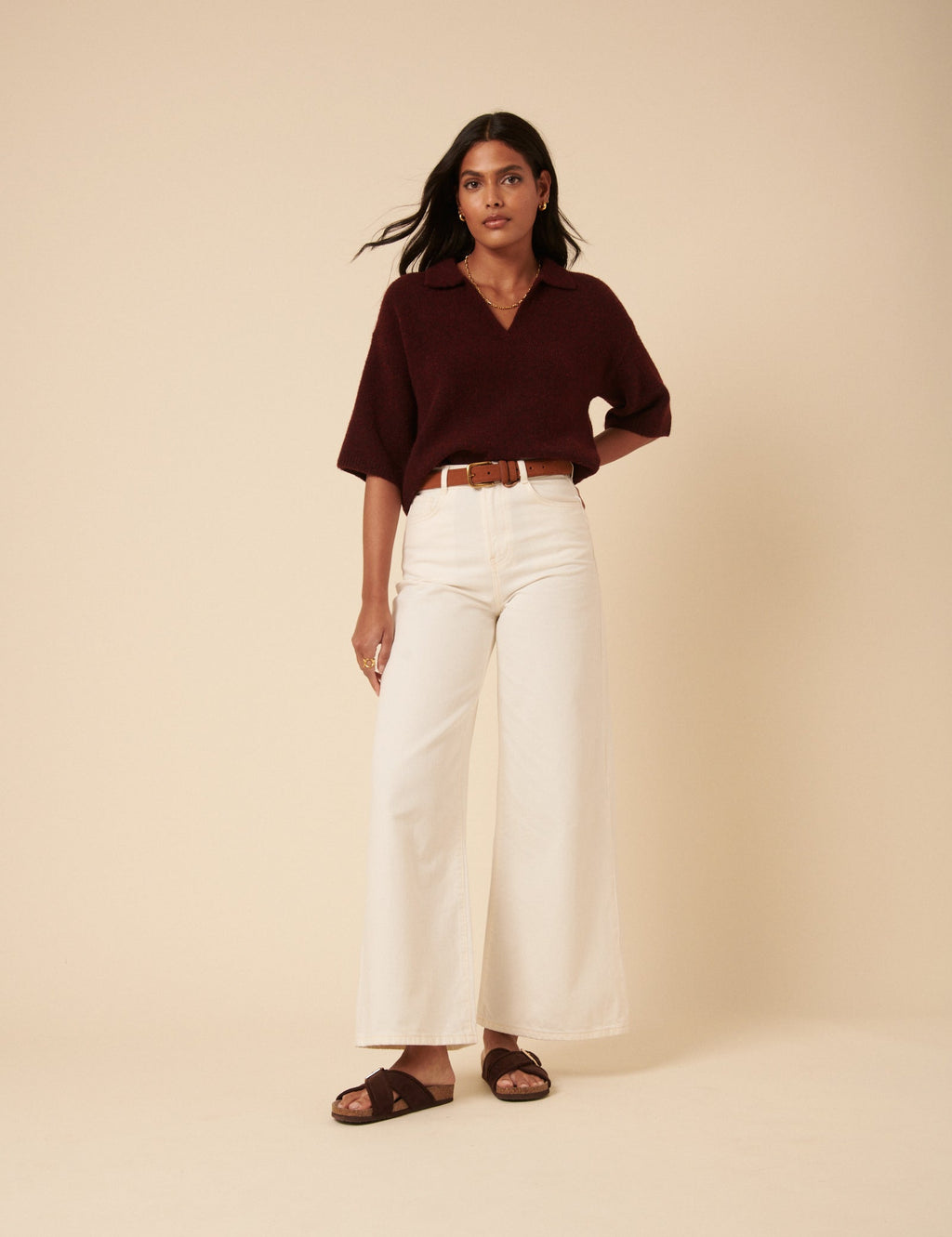 Burgundy Open Collar Polo Knitted T-Shirt