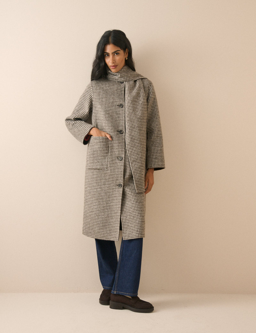 Brown Houndstooth Reversible Scarf Coat